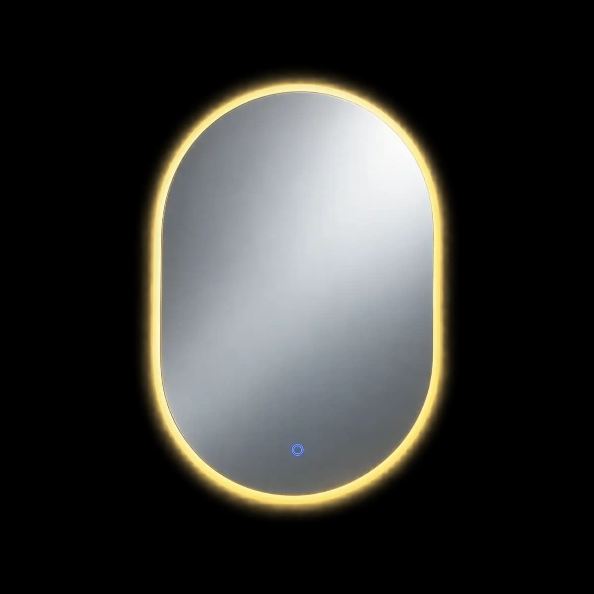 Oval mirror with a warm illuminated-looking edge and a small blue control-like mark.