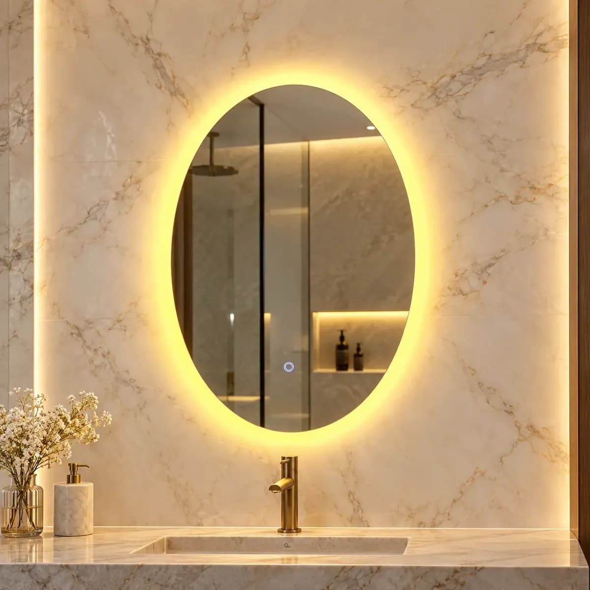 Upright oval mirror depicted with a warm halo and lower control-like mark.