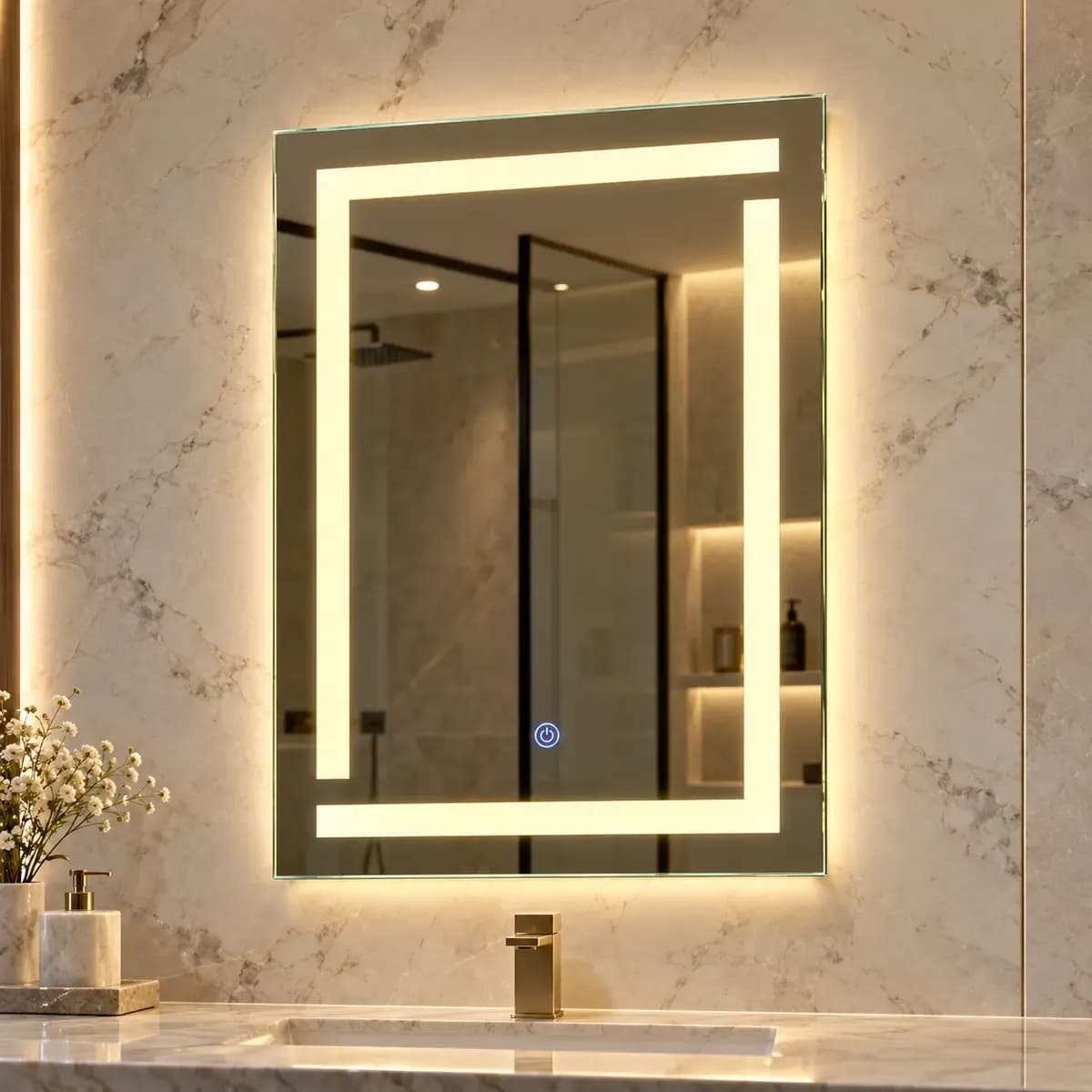 Rectangular mirror depicted with inset bright border strips and a small circular control-like mark.