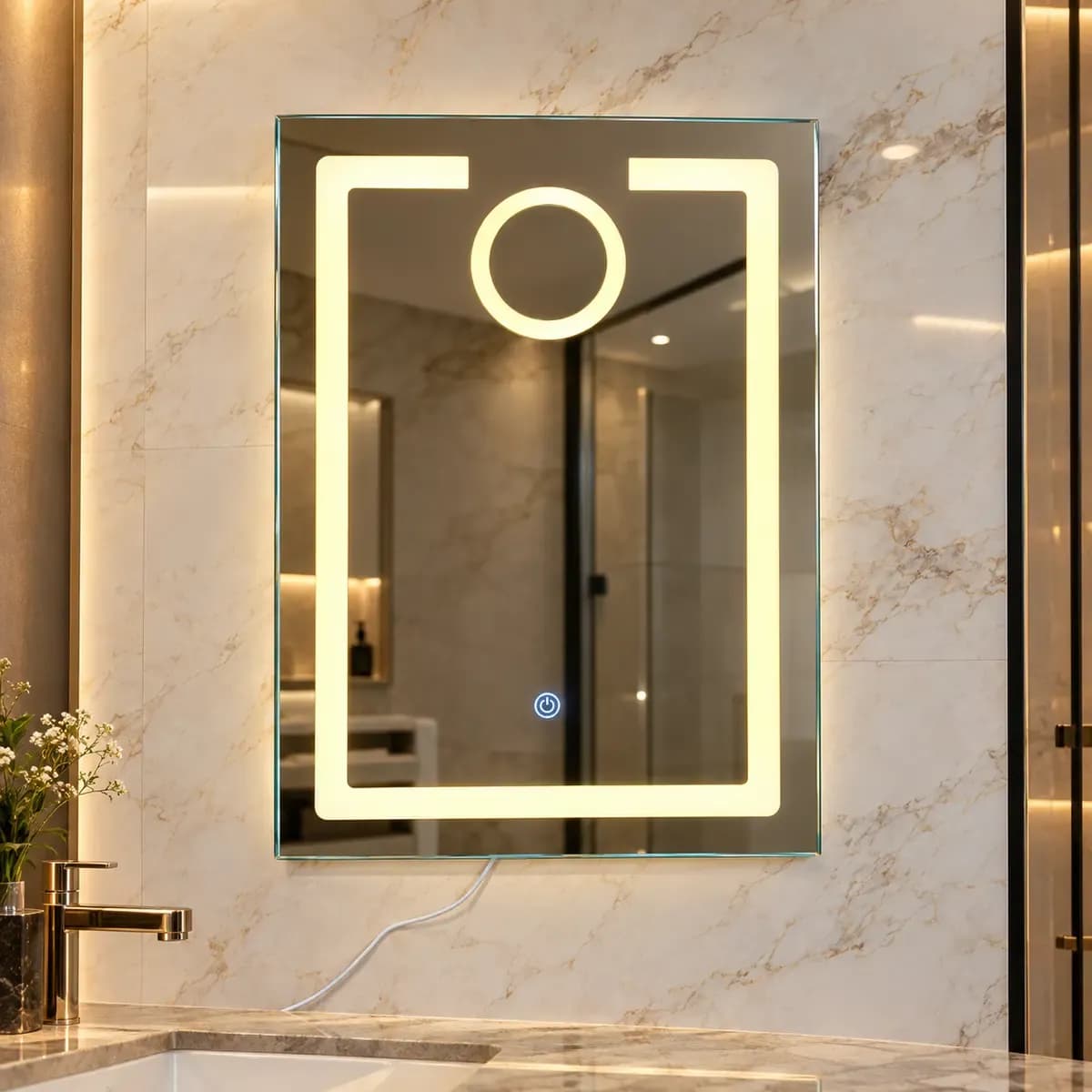 Rectangular mirror depicted with a bright inset border and a smaller bright circle near the top.