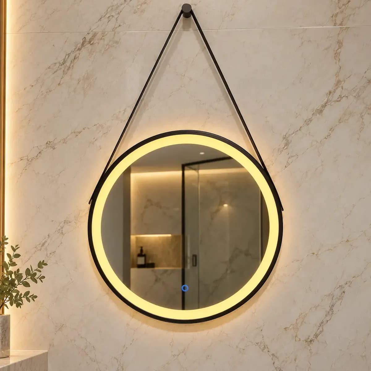 Round dark-edged mirror hanging from a triangular strap, with a warm illuminated-looking inner ring.