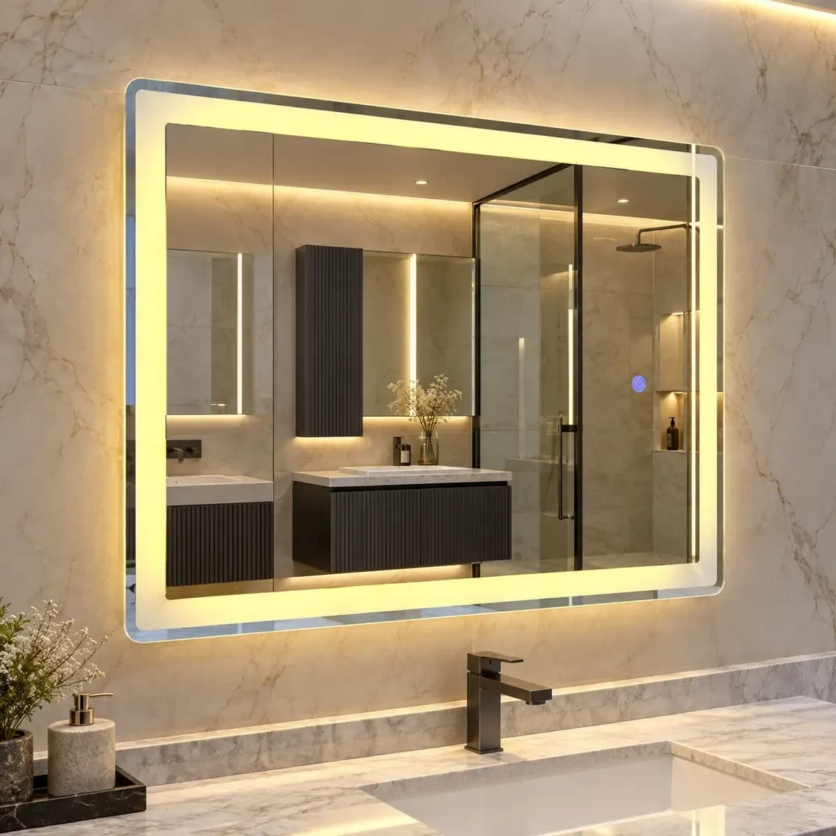 Wide horizontal rectangular mirror depicted with bright inner border strips and a control-like mark.