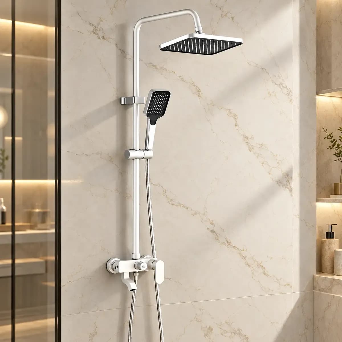 Silver-finish vertical shower assembly with squared overhead head, smaller hand shower and lower controls.