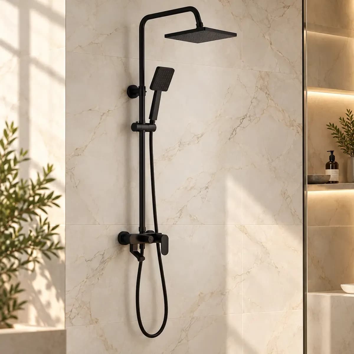 Black vertical shower assembly with square overhead head, slim hand shower and lower control body.
