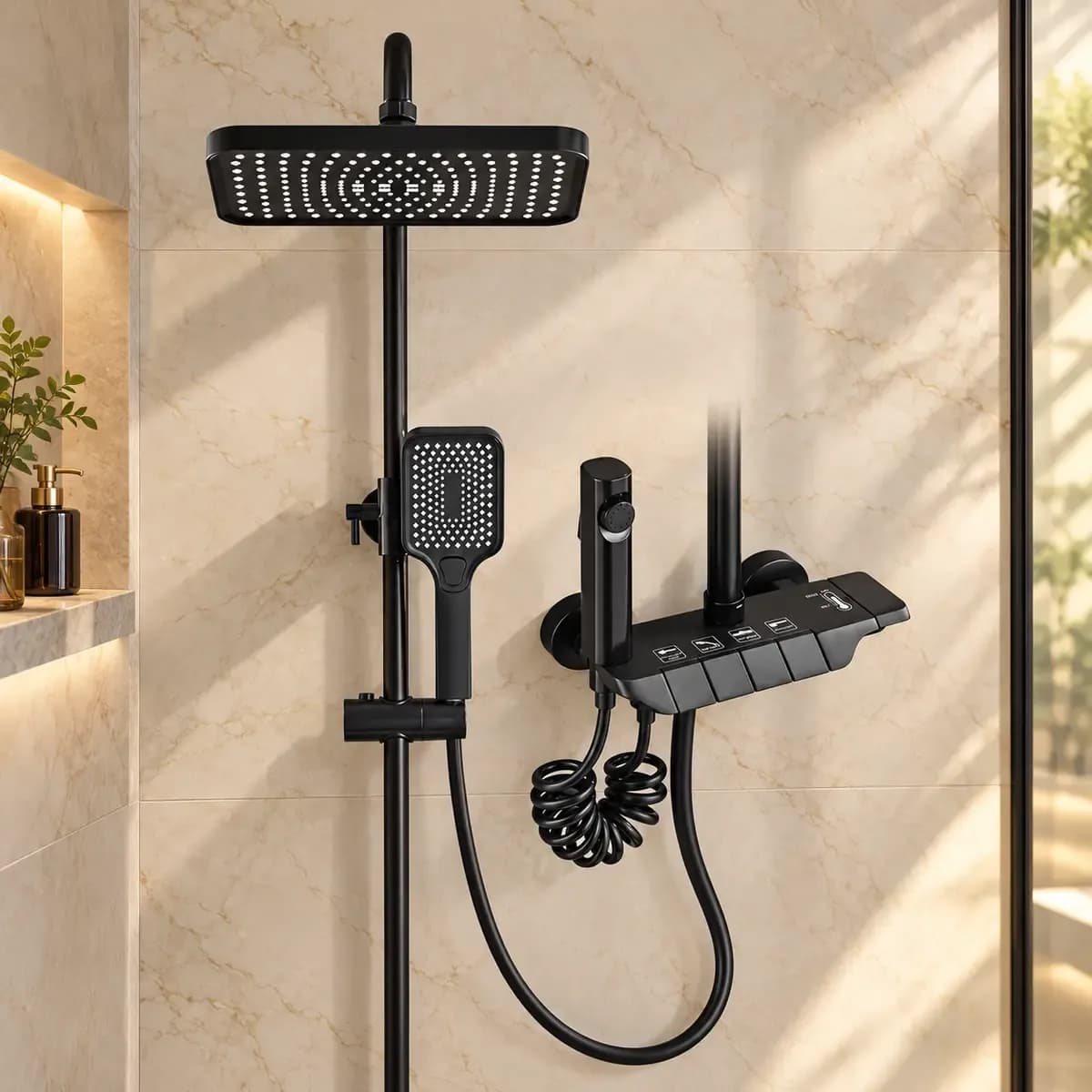 Dark shower assembly with rectangular overhead head, handheld spray, hoses and broad shelf-like control body.
