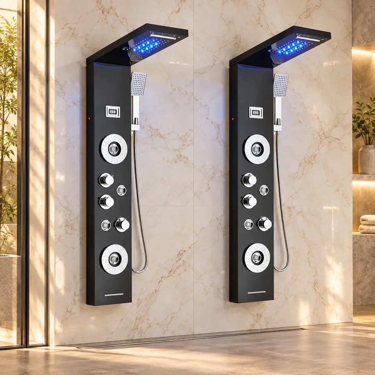 Two tall dark shower panels depicted with overhead outlets, circular front fittings and blue-looking upper lights.