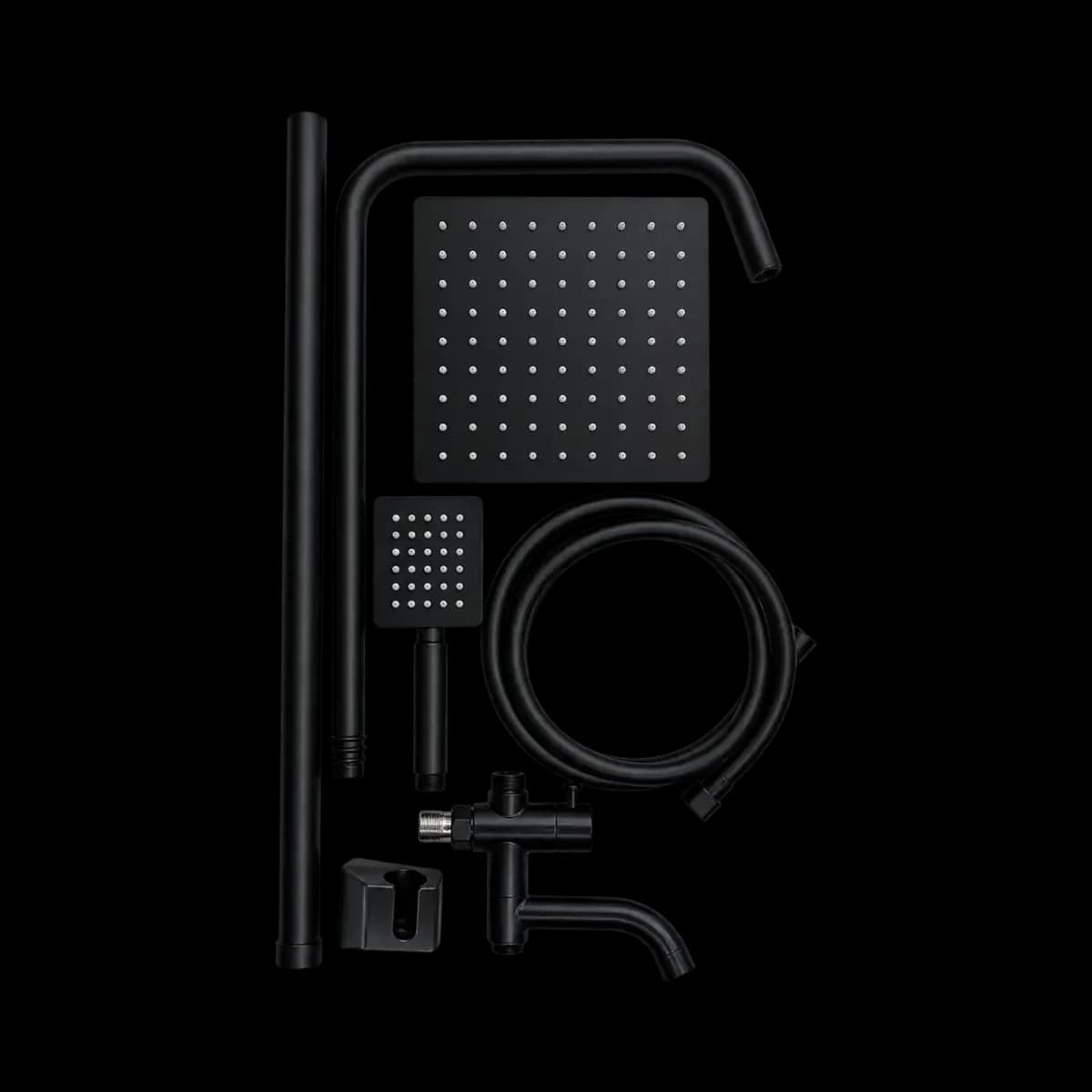 Black shower components displayed separately, including a square overhead head, hand shower, hose and spout-shaped fitting.
