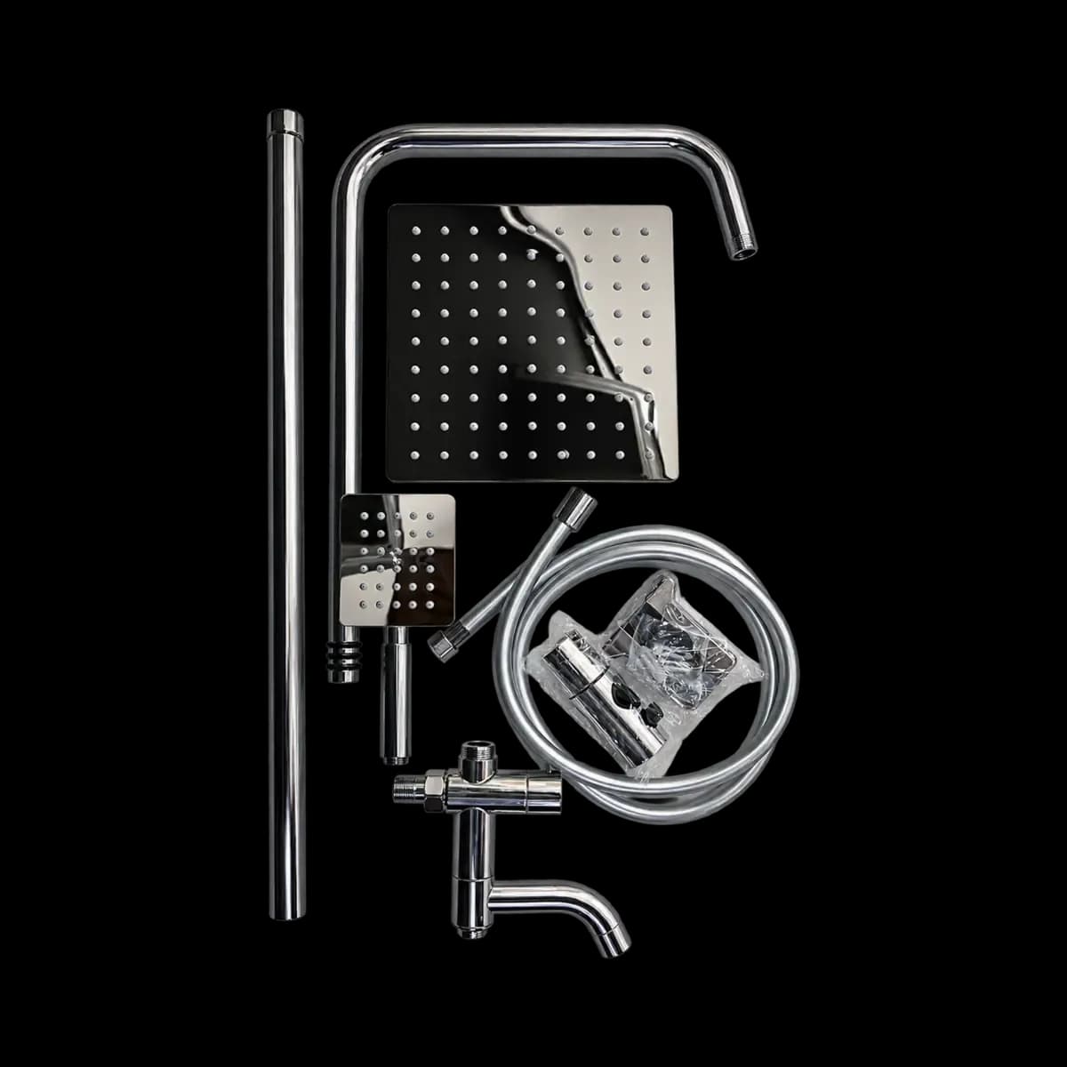 Silver-finish shower components with a large square head, smaller hand shower, rail, hoses and reflective controls.