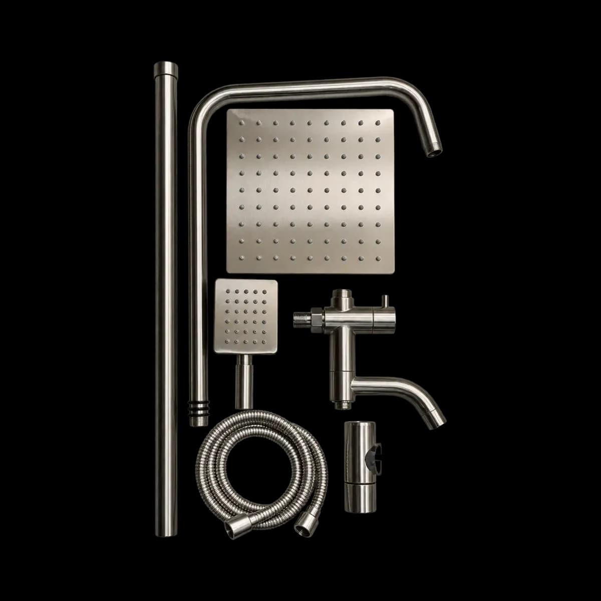 Grey silver-finish shower components with square heads, hoses, rail and lower spout-shaped fitting.
