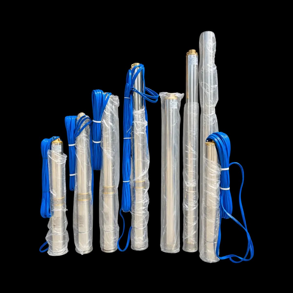 A group of long silver-coloured cylindrical devices with blue cables, presented as pump-style units; specifications need identification.