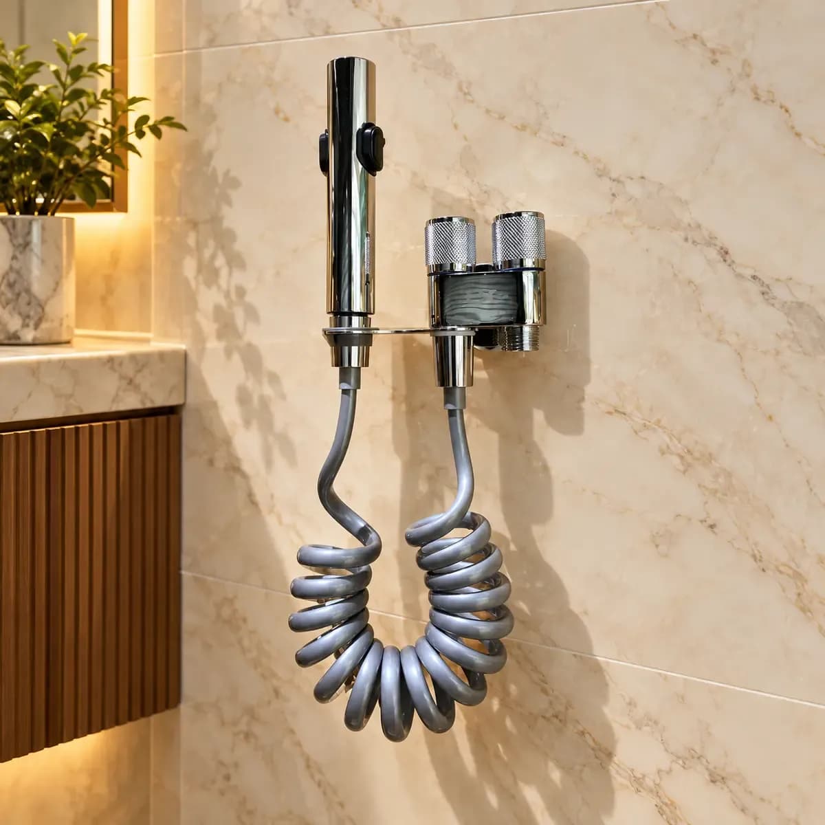 Slim grey handheld spray with a grey coiled hose and paired wall-mounted controls.
