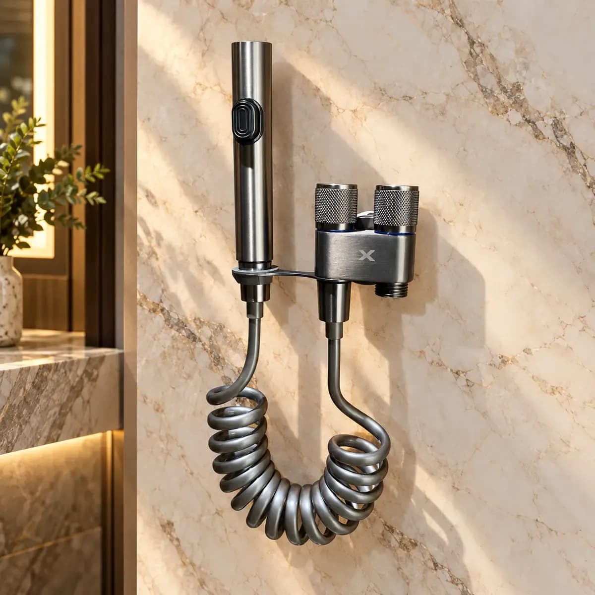 Dark handheld spray with a grey coiled hose and a wall-mounted control block.