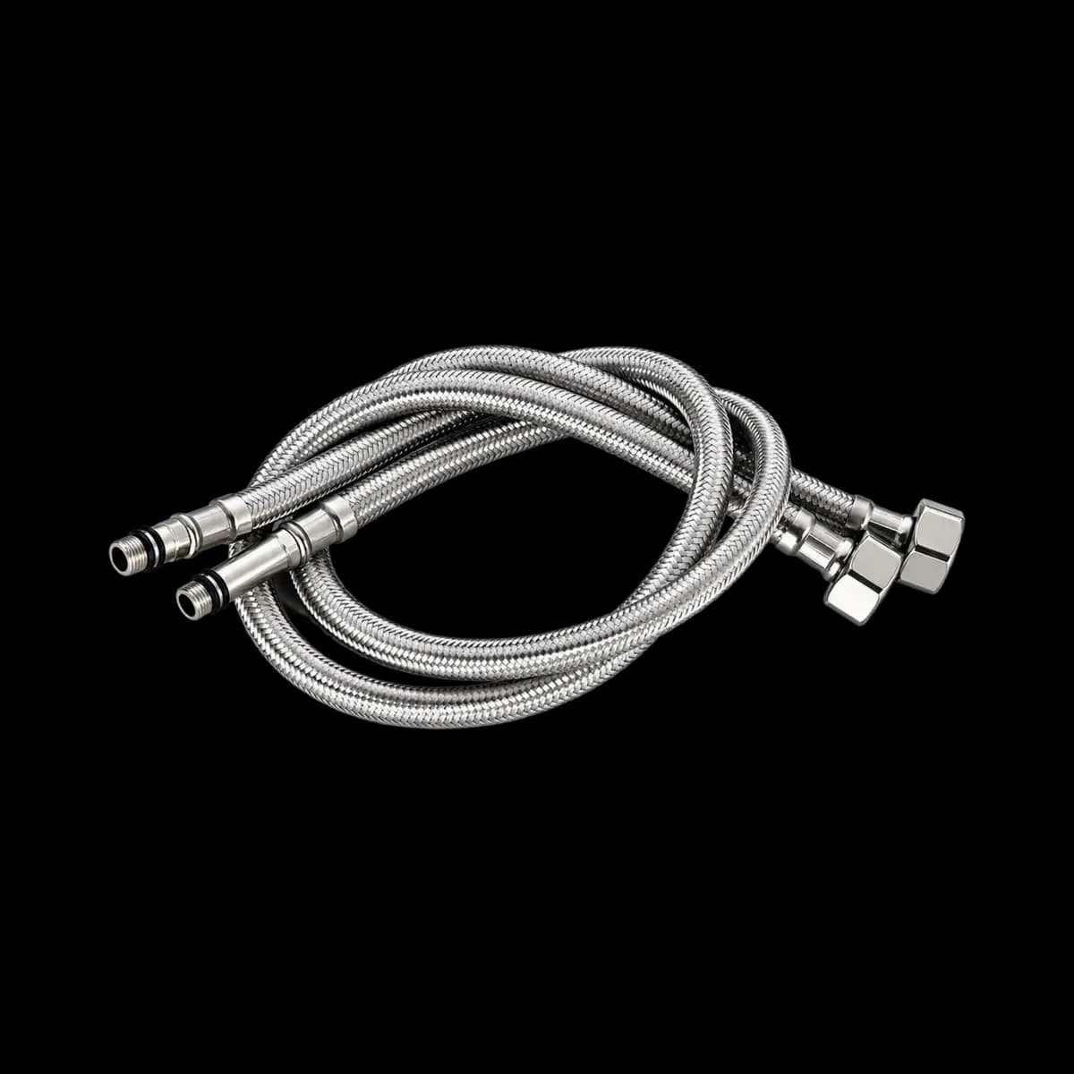 Two silver-coloured flexible braided hoses with threaded metal-looking ends.