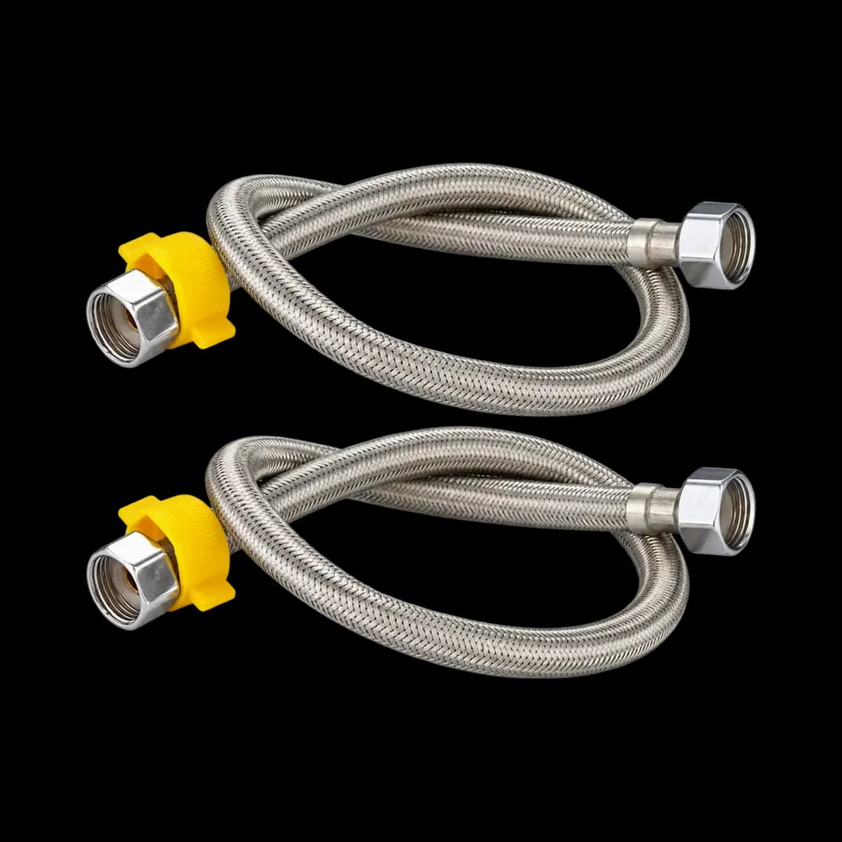 Two silver-coloured braided flexible hoses with protective yellow collars and threaded ends.