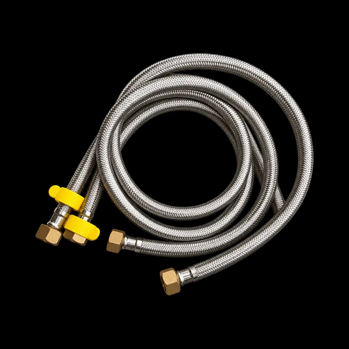 A long silver-coloured braided hose arranged in coils, with yellow collars near the ends.