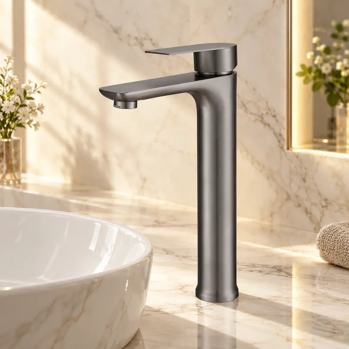 Tall grey silver-finish basin tap with a flat top lever and short horizontal spout, depicted beside a vessel basin.