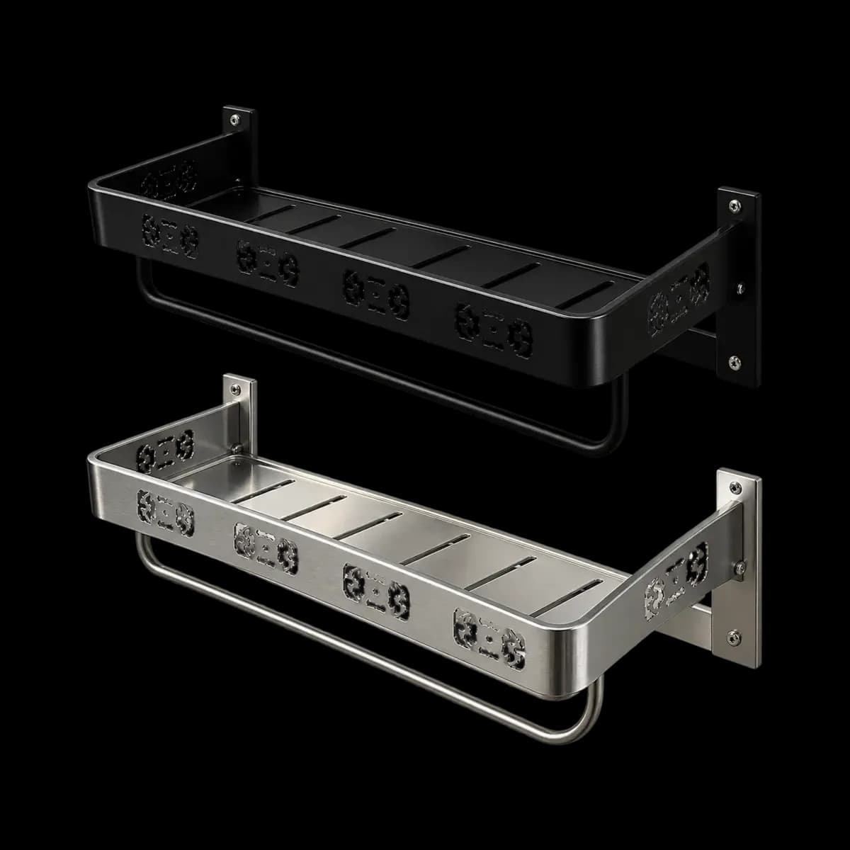 Dark and silver-finish wall towel shelves with decorative side motifs and lower hanging rails.