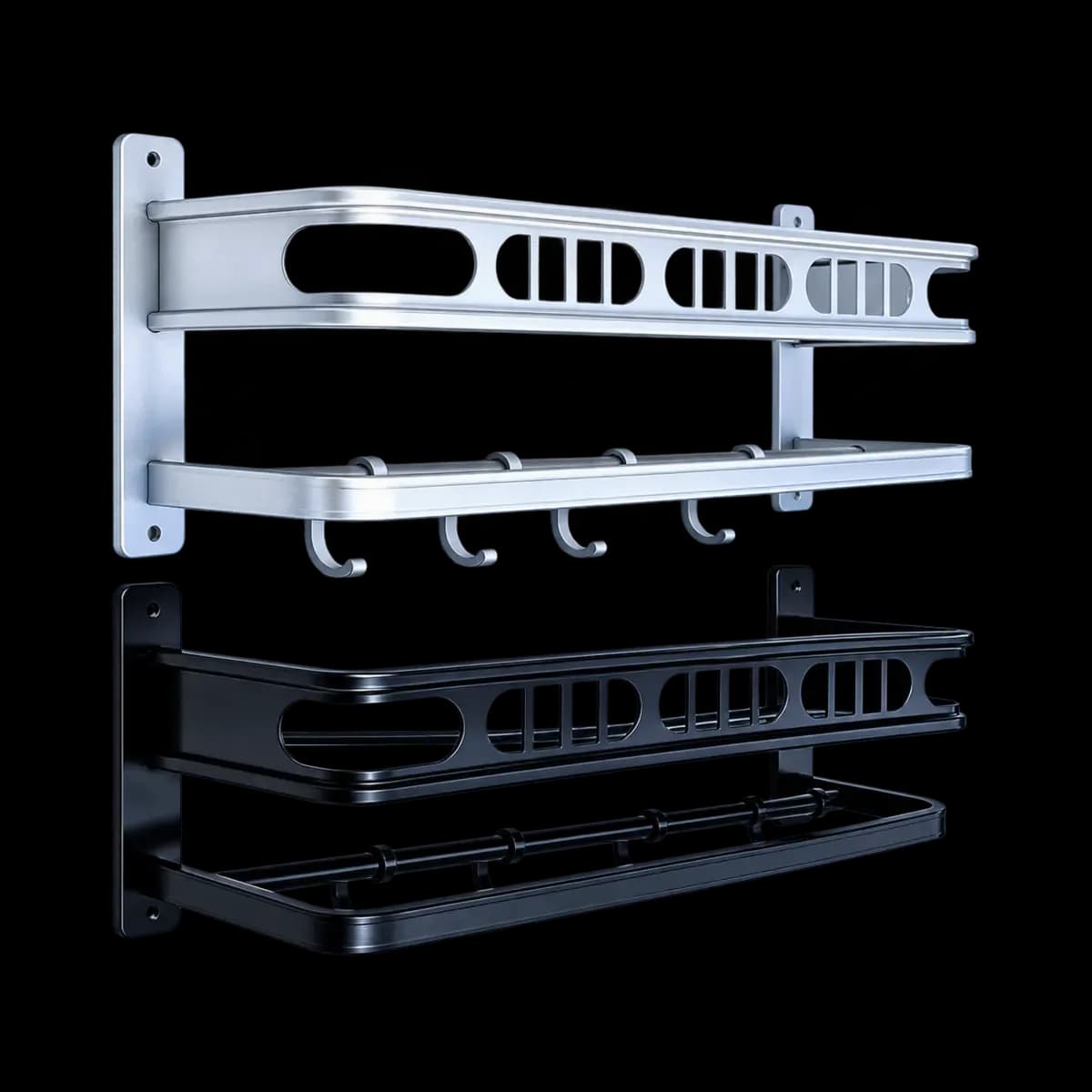 Light silver-finish and black wall towel shelves with slotted fronts and lower hooks or rails.