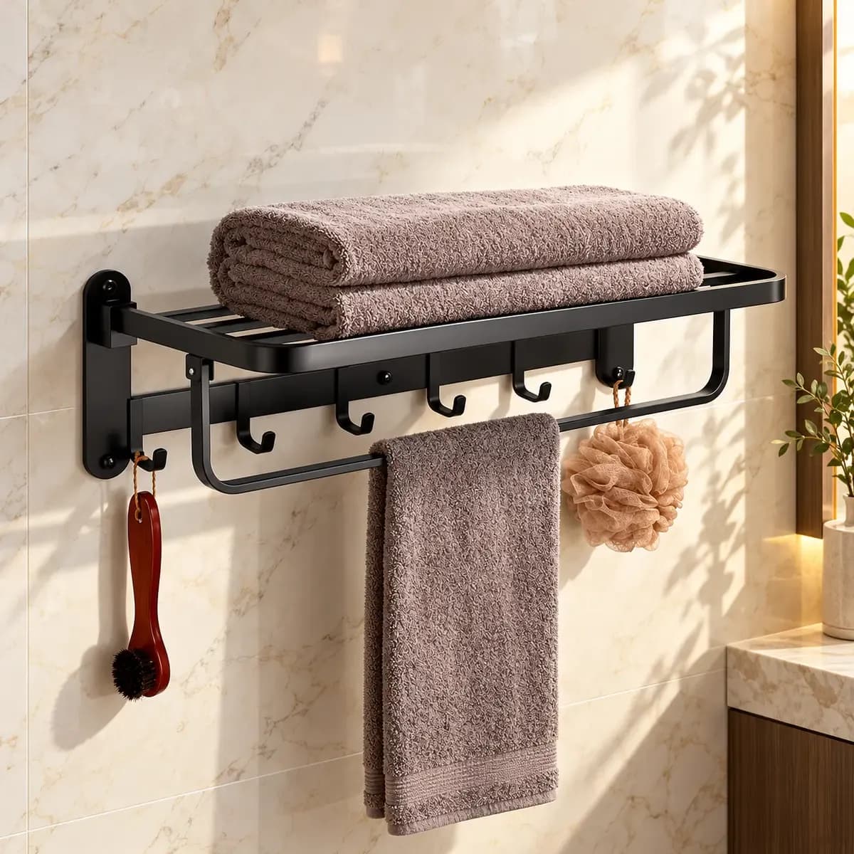 Dark wall rack with upper shelf and a row of hooks, shown with towels and hanging accessories.