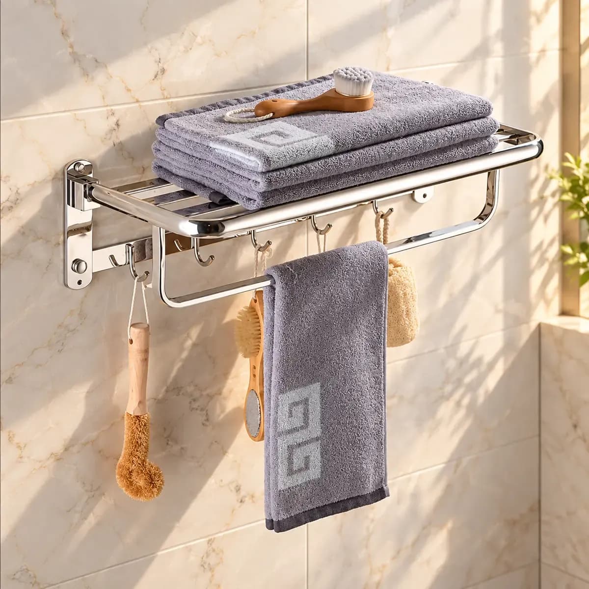 Silver-finish wall towel rack with upper shelf, lower rail and hooks, shown with towels and accessories.