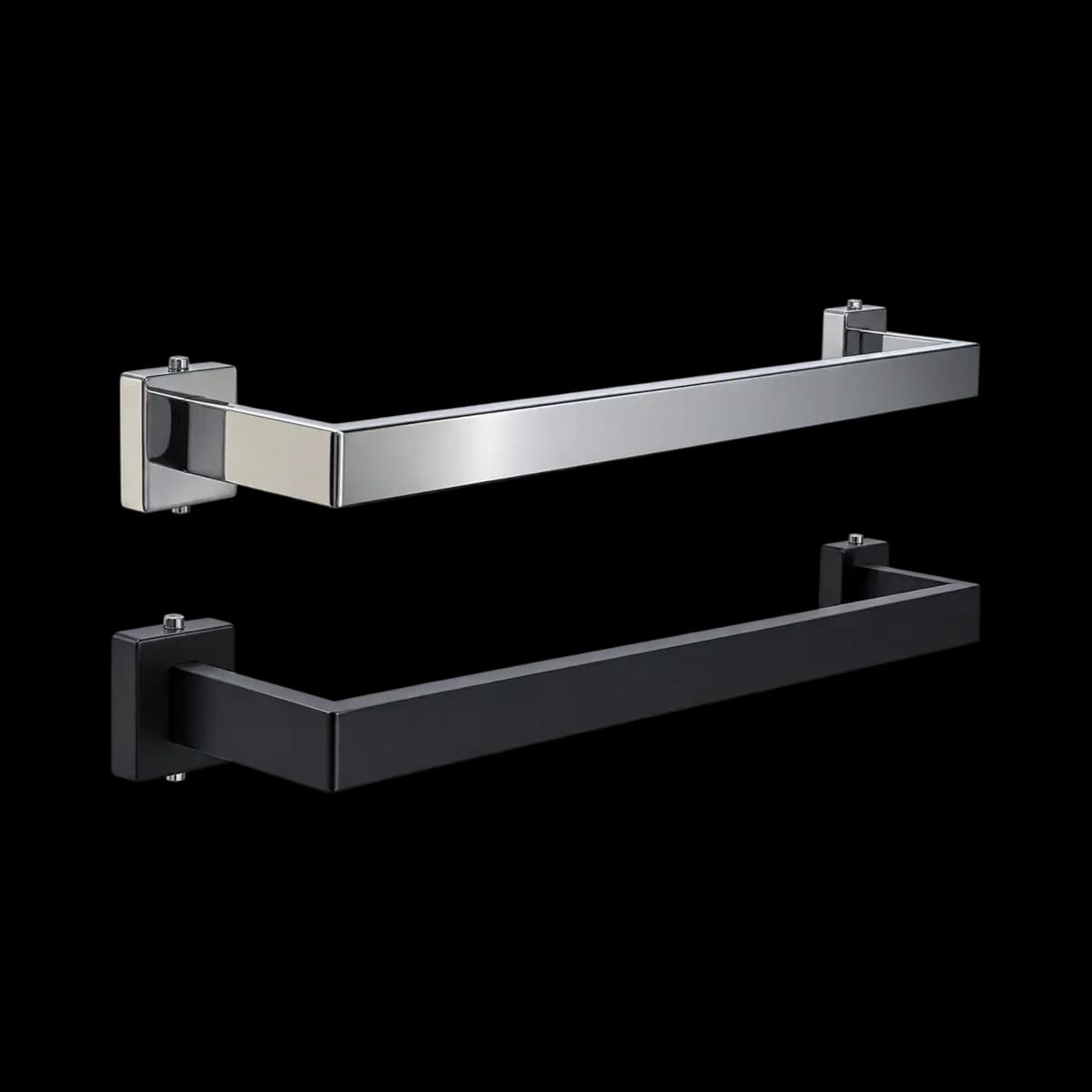 Silver-finish and black squared wall towel rails with rectangular mounting ends.
