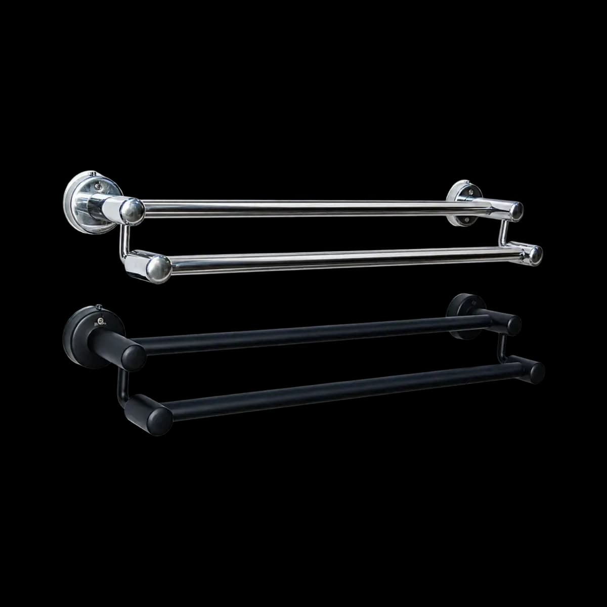 Silver-finish and black double towel rails with rounded mounting plates.