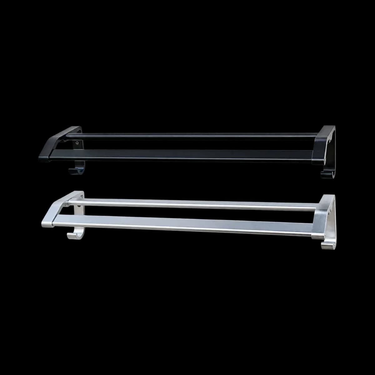Black and silver-finish squared double towel rails with angular brackets.