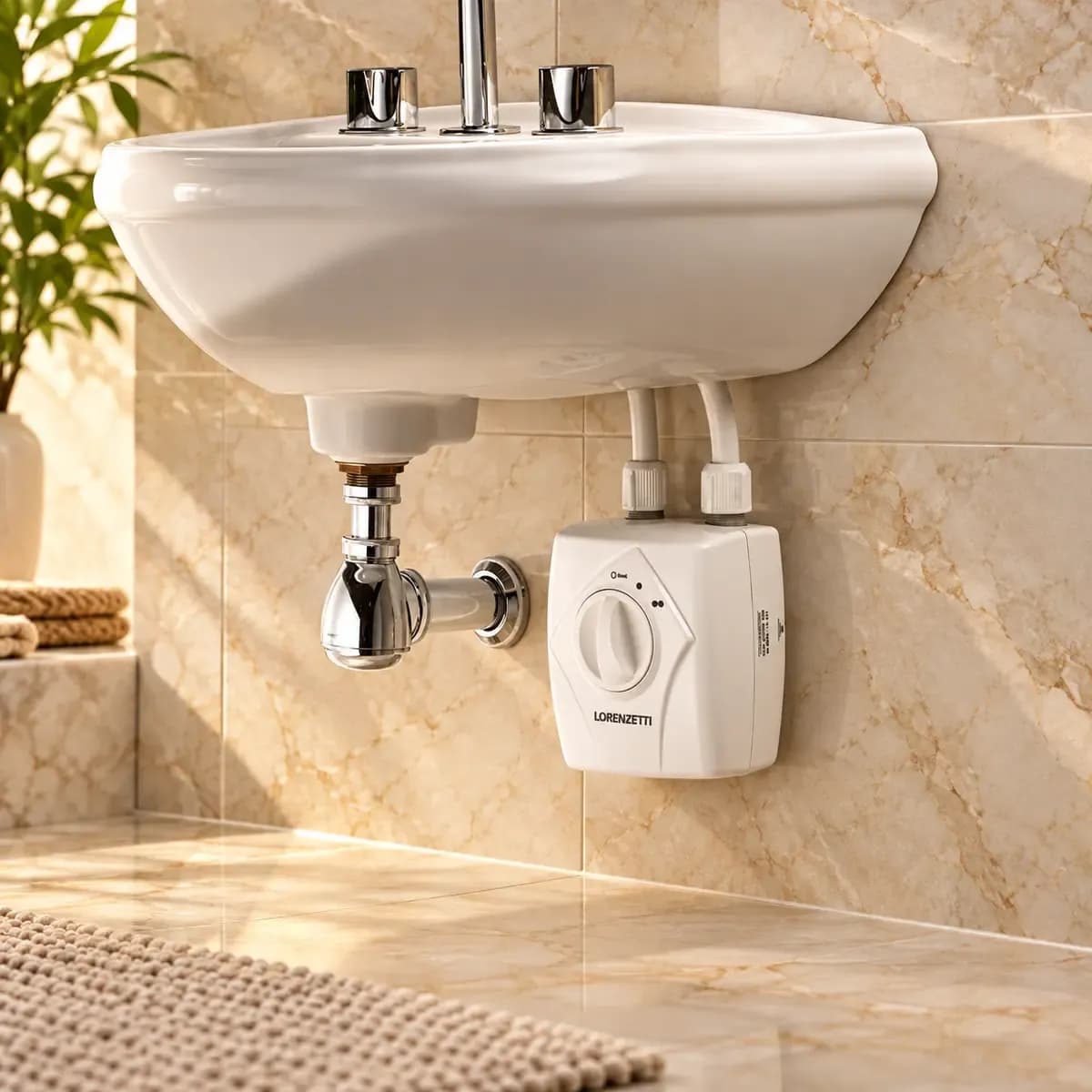 Small white appliance with a control dial depicted below a basin alongside connecting pipework.