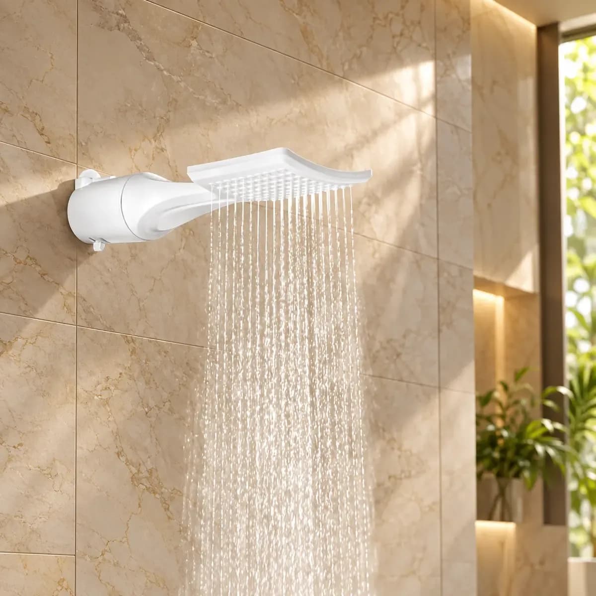 White wall-mounted shower appliance with a projecting shower arm and visible water spray.