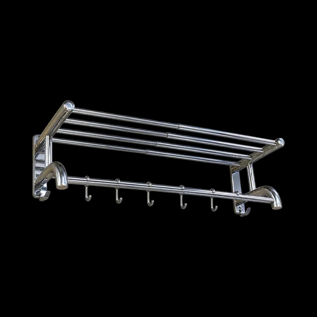 Silver-finish wall shelf with upper slats, lower rail and multiple hooks.