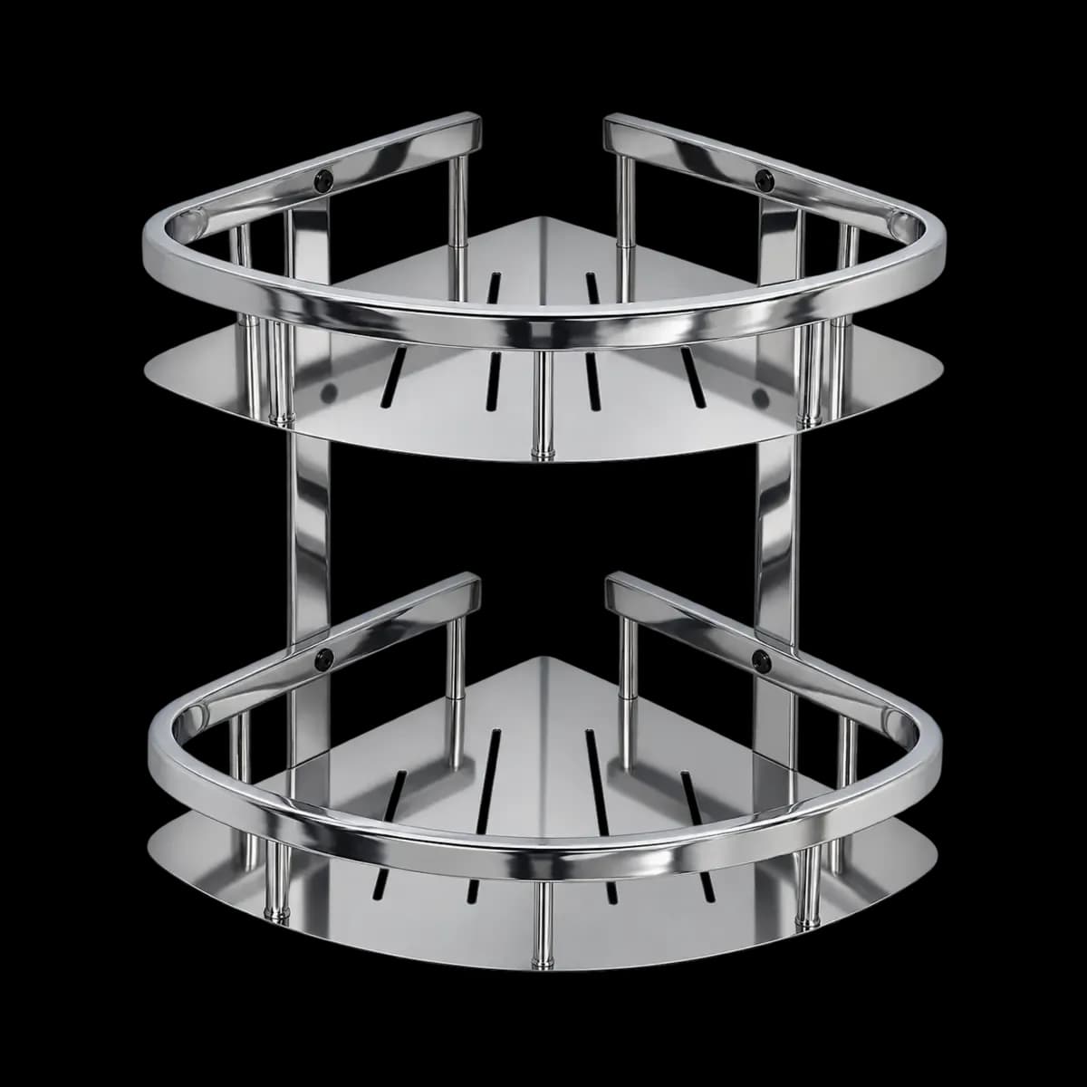 Two-tier silver-finish corner basket with curved front rails and upright connecting supports.