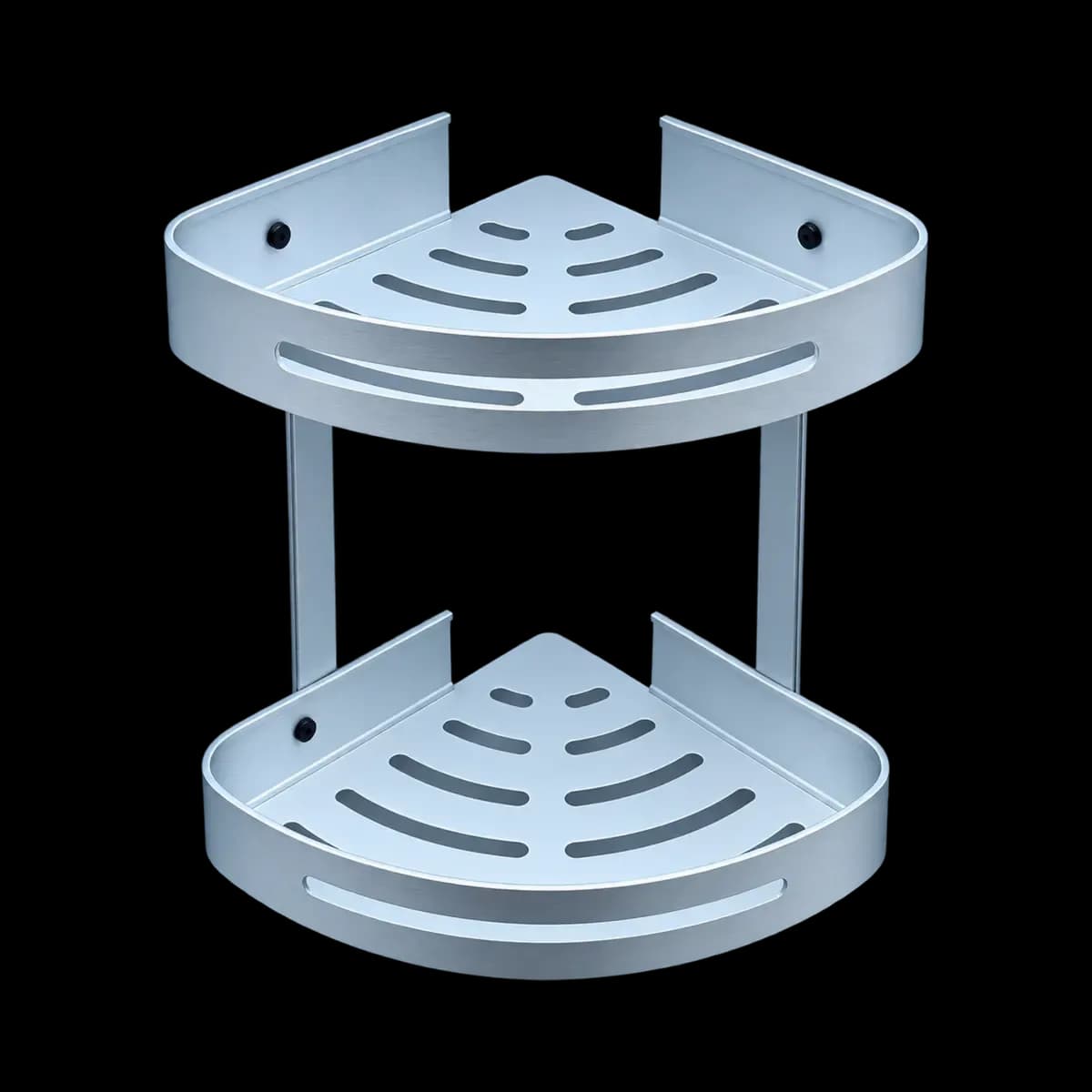 Light silver-finish two-tier corner basket with raised sides and curved slots in its bases.