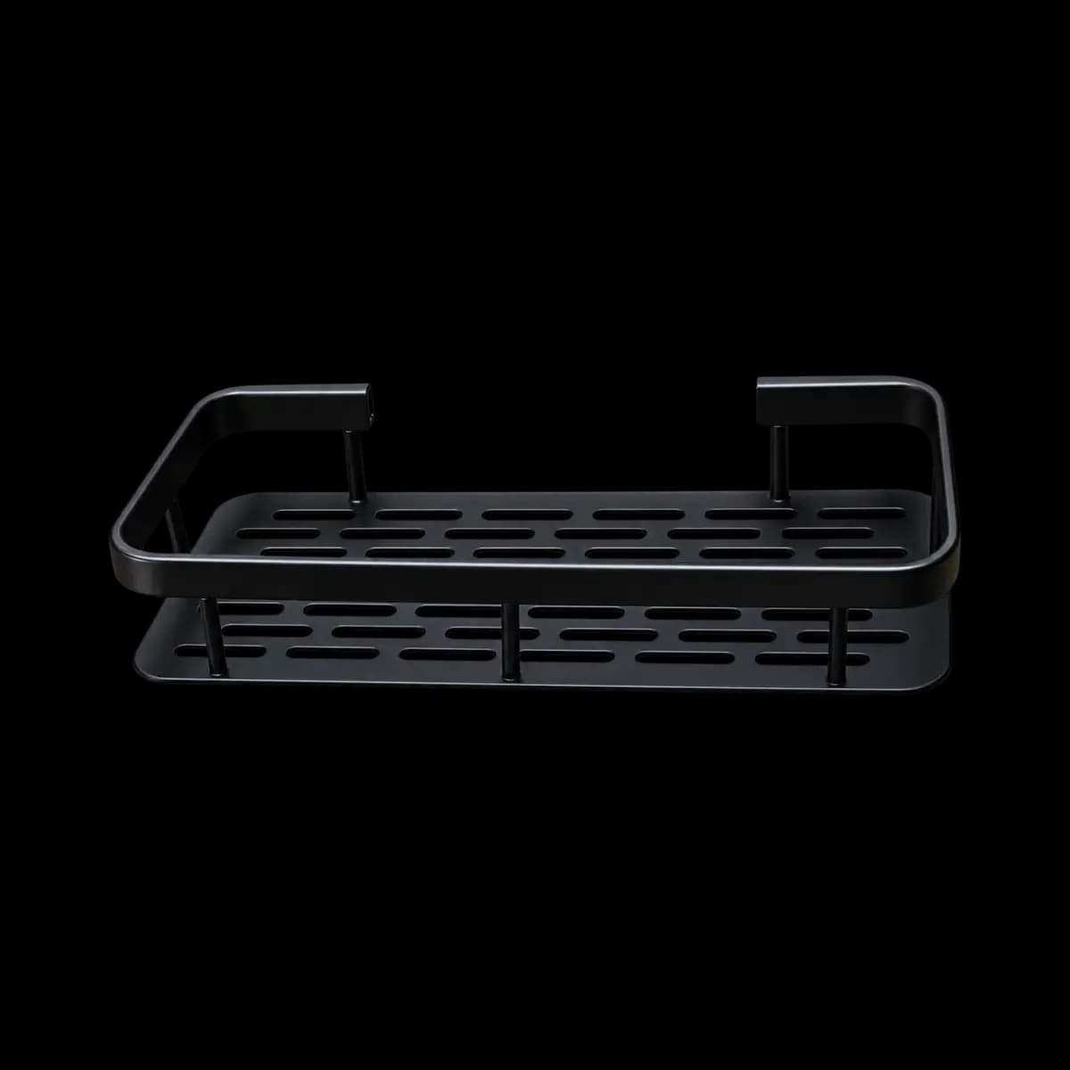 Black rectangular wall basket with open rails, slotted base and raised mounting arms.