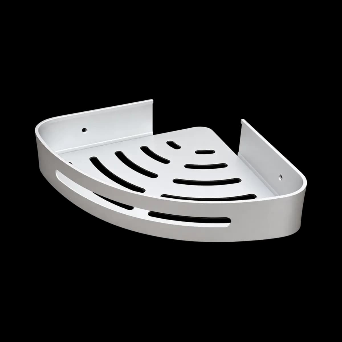 Light-coloured corner tray with raised rim, slots and wall mounting holes.