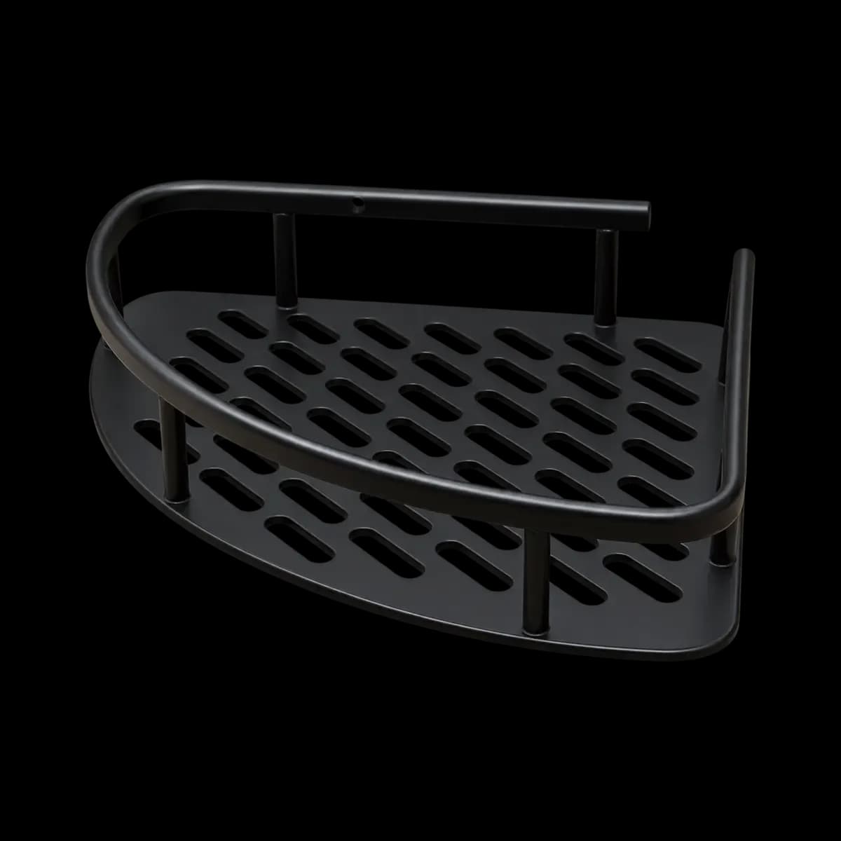 Black corner basket with raised front rail, patterned slots and rear wall mounting supports.