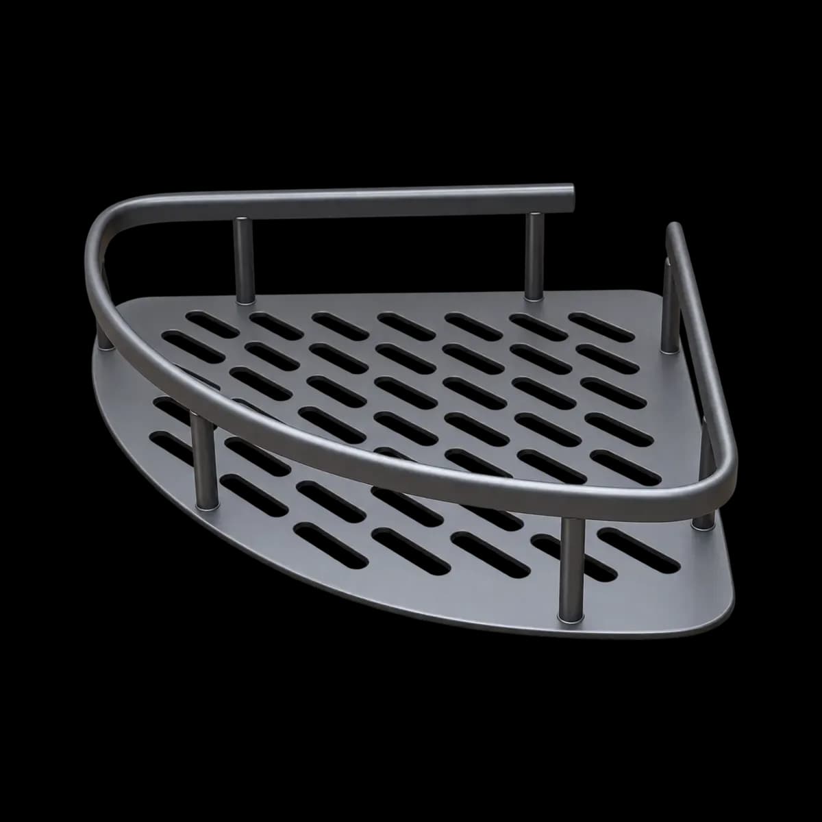 Grey corner basket with raised front rail, patterned slots and rear mounting supports.