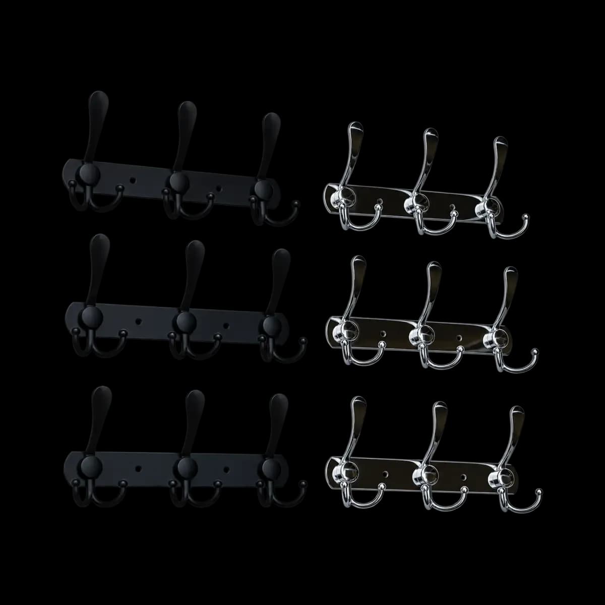 Black and silver-finish wall hook strips with tall curved hooks and smaller lower prongs.