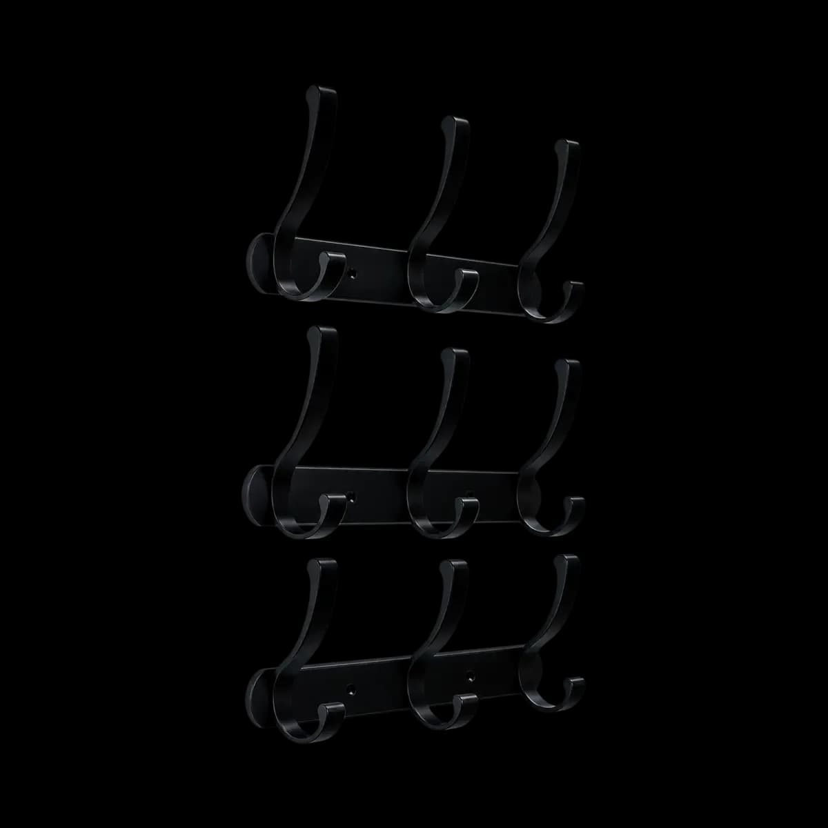 Three black hook strips, each shown with three tall hooks and curved lower prongs.