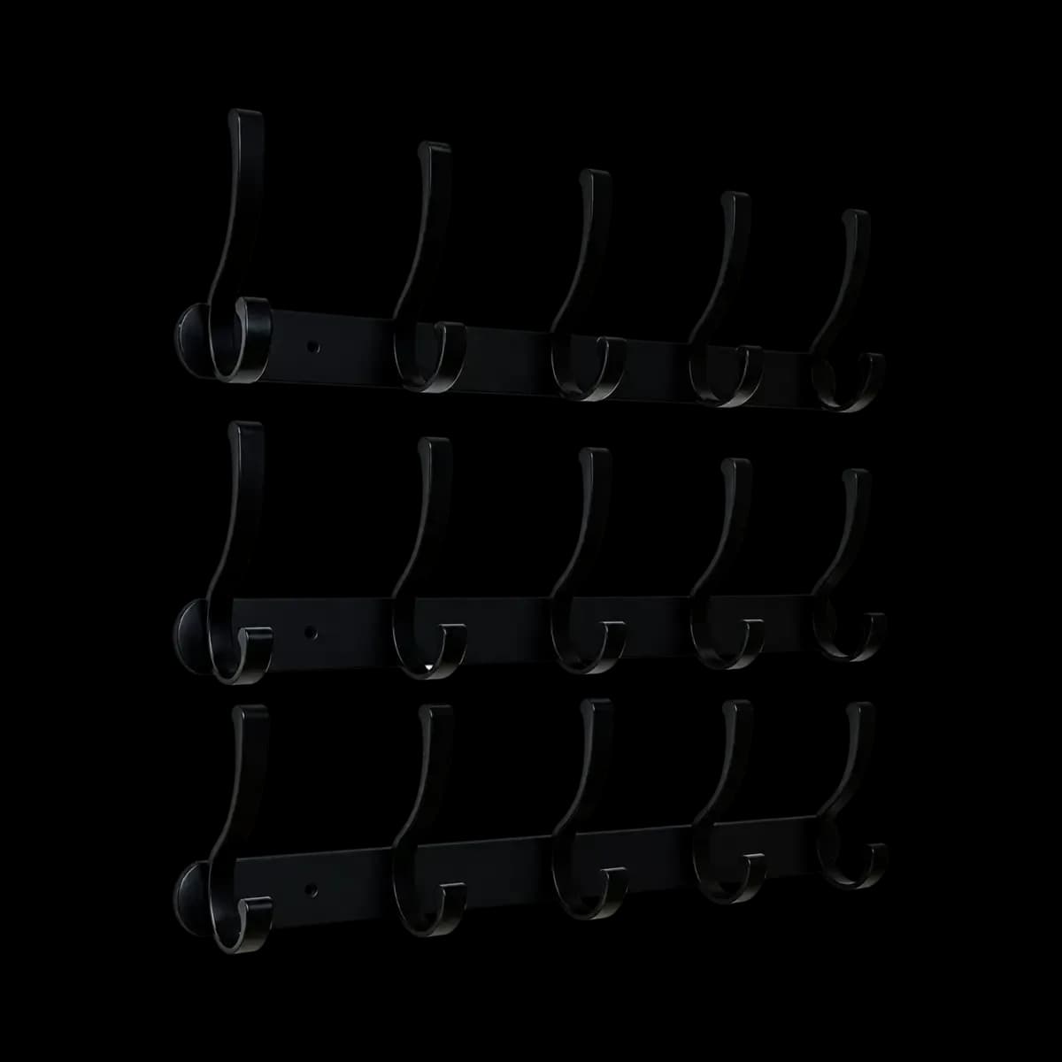 Three black hook strips, each depicted with five tall hooks and lower curved prongs.