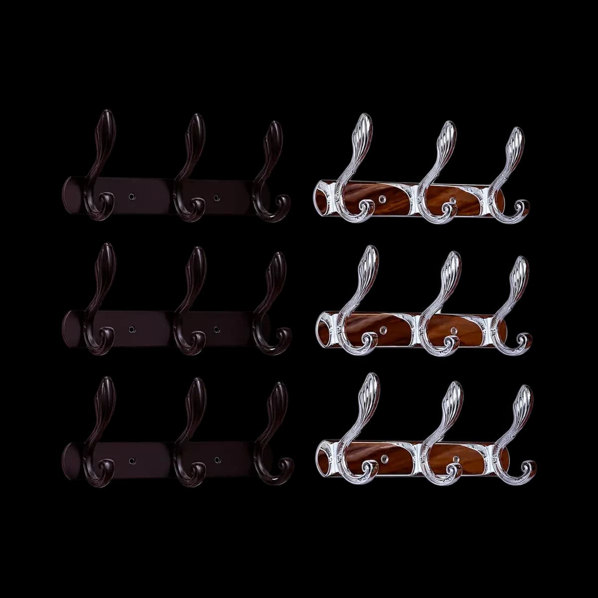 Several dark brown-looking and silver-finish strips with three curved upper hooks and lower prongs.