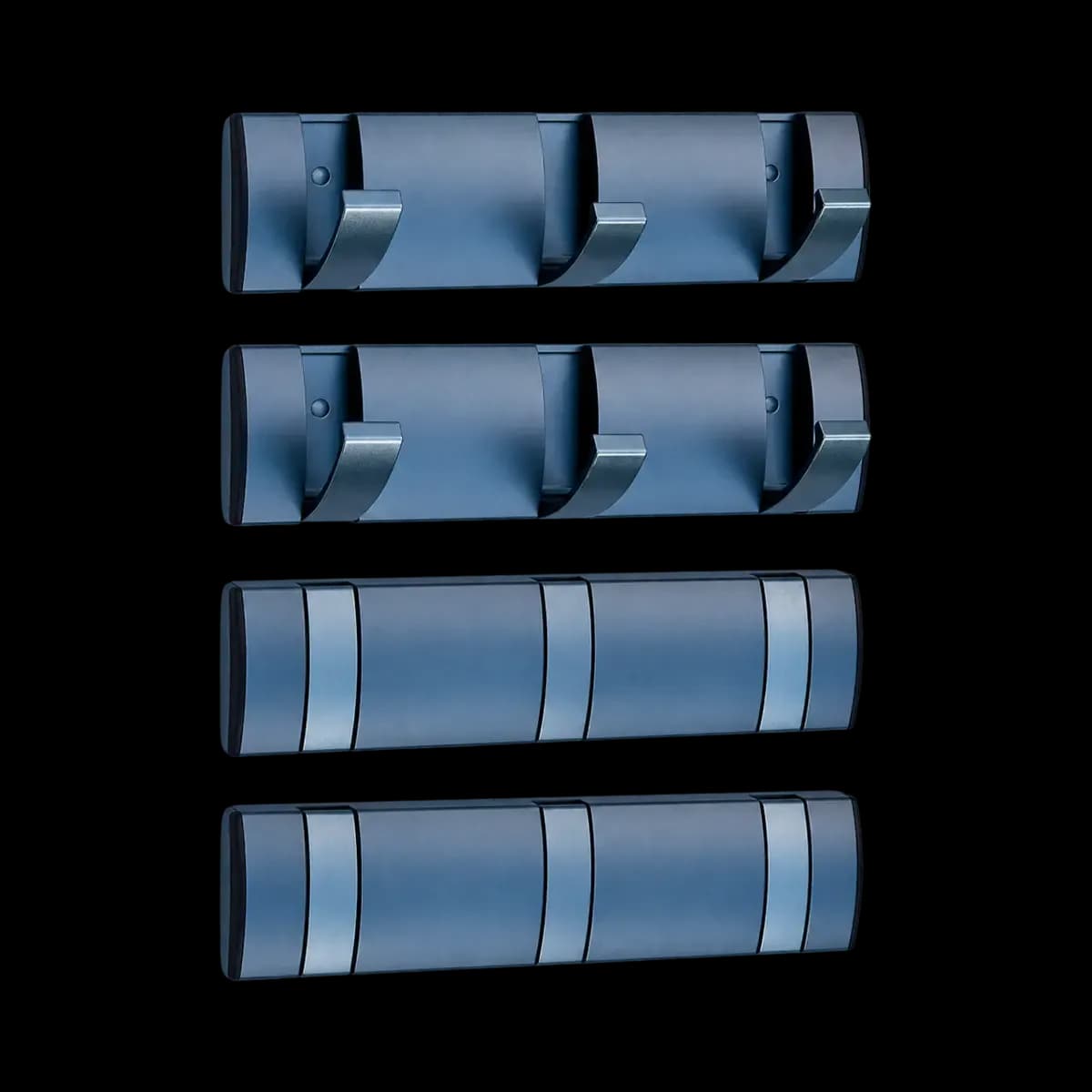 Four grey wall strips; two show open hooks and two show flush folding-looking sections.