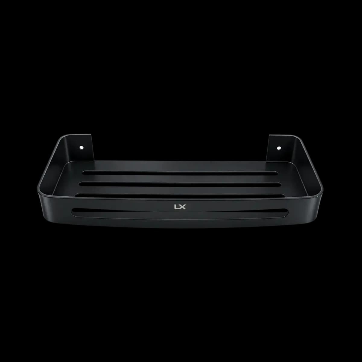 Black rectangular wall basket with slotted base, raised sides and two mounting supports.