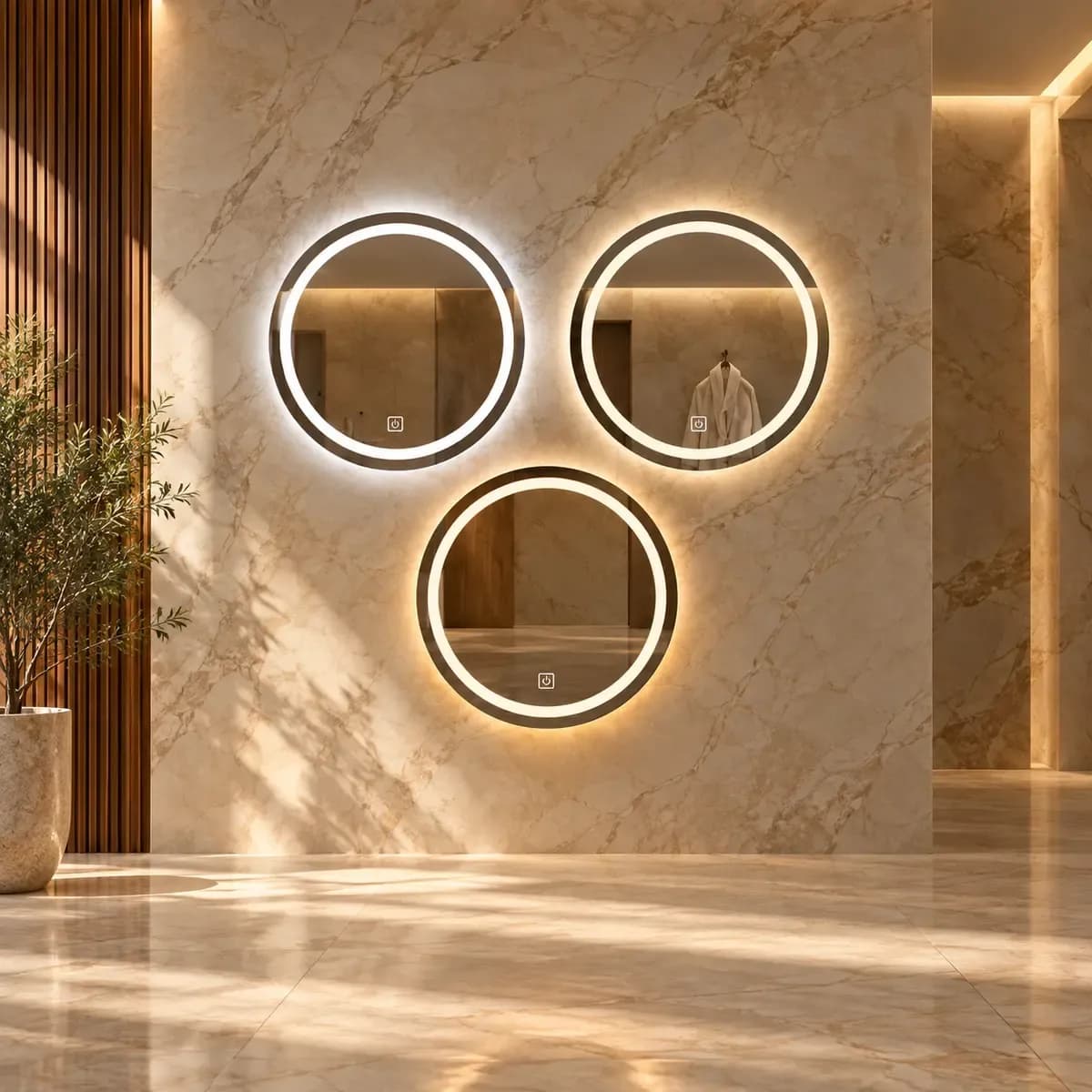 Three round mirrors arranged on a wall, depicted with illuminated-looking outer rings.