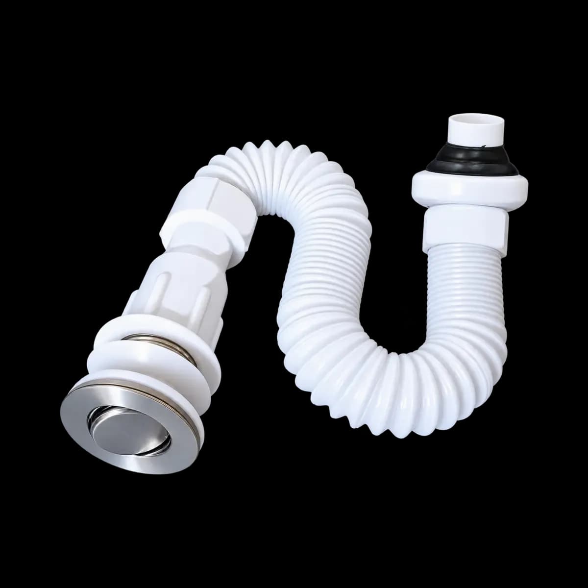 White corrugated flexible drain assembly with a reflective round drain end and black connection gasket.