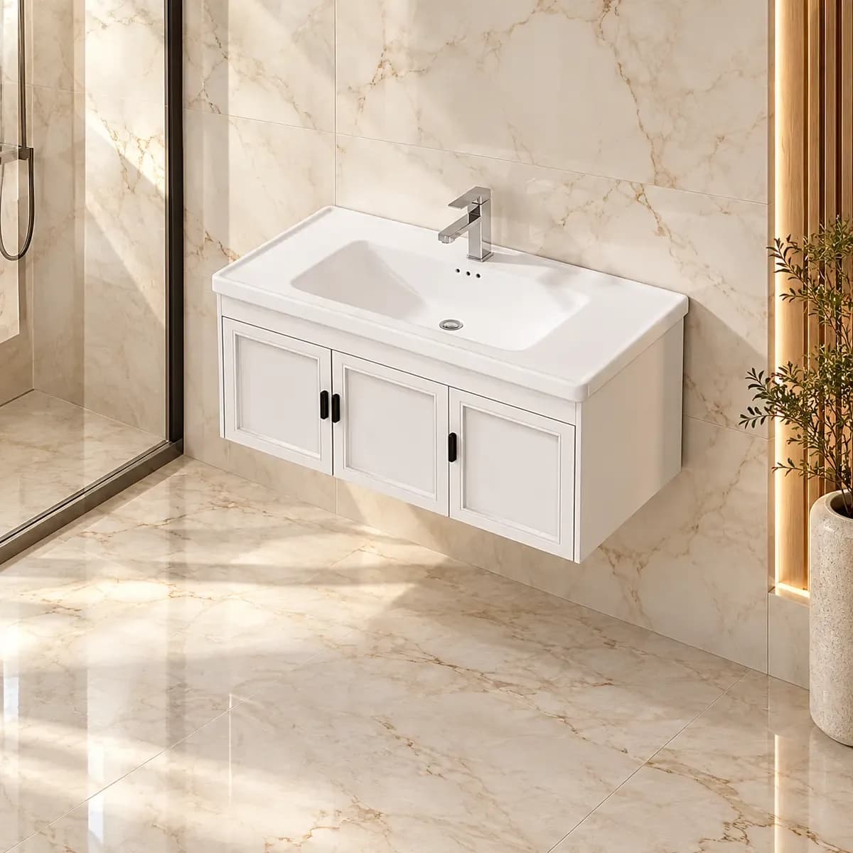 White wall-style two-door cabinet with a rectangular basin and reflective tap, shown in a bathroom scene.