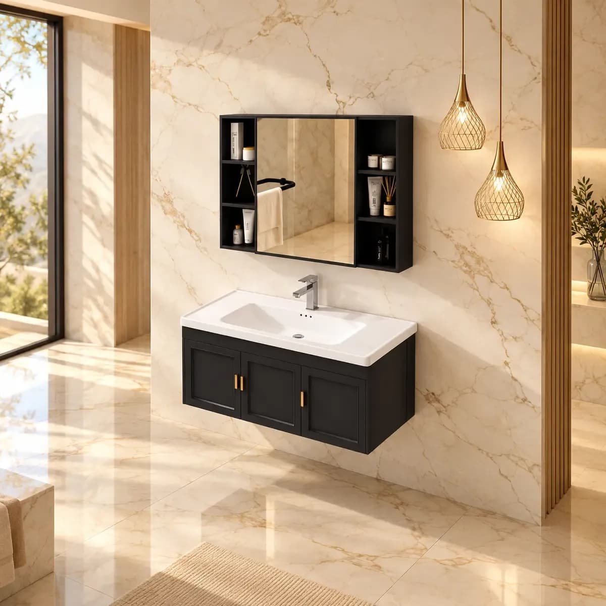 Black wall-style basin cabinet and reflective tap beneath a dark mirrored cabinet with open side storage.