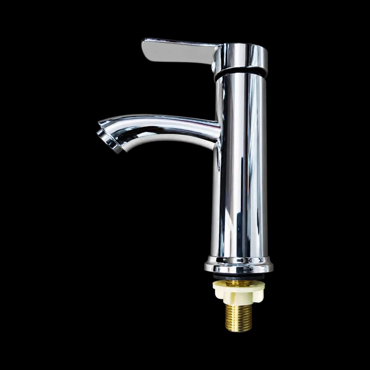 Tall reflective cylindrical tap with a flat top lever, side spout and exposed threaded mounting end.