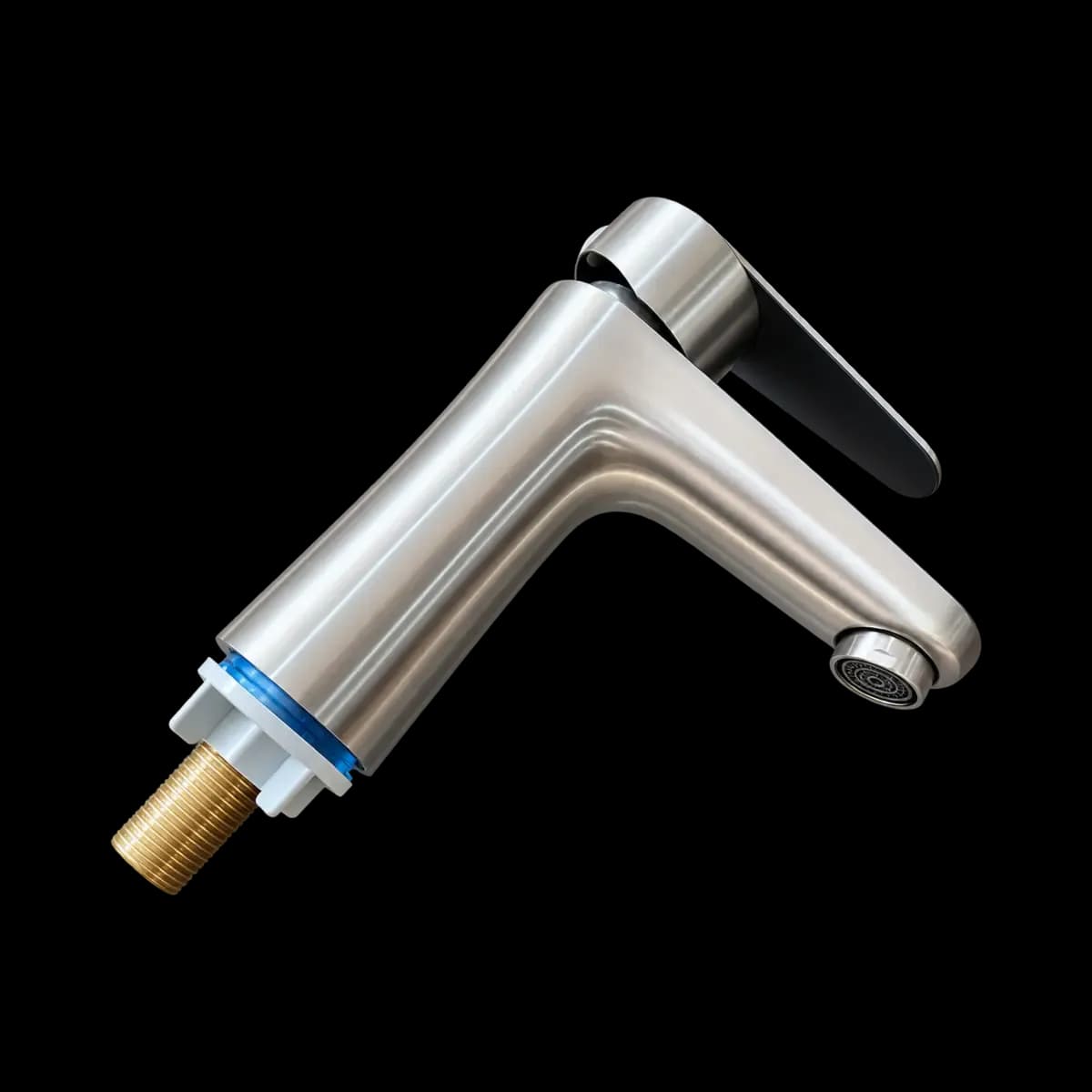 Silver-finish tap with a black top lever and exposed threaded mounting end; may show another view of a related model.