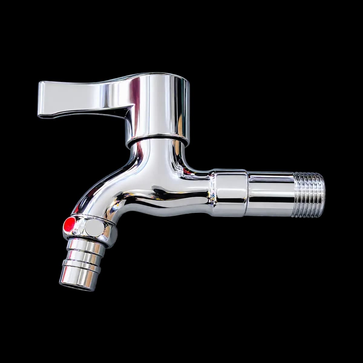 Small reflective wall tap with a top lever, downward outlet and exposed threaded inlet.