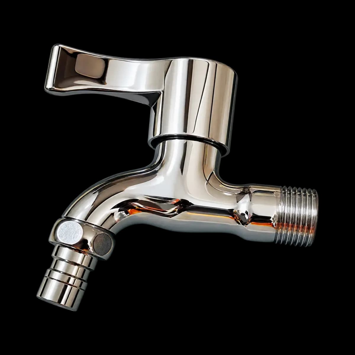 Small reflective wall tap with a broad top lever, downward outlet and threaded inlet; may show another view of a related model.